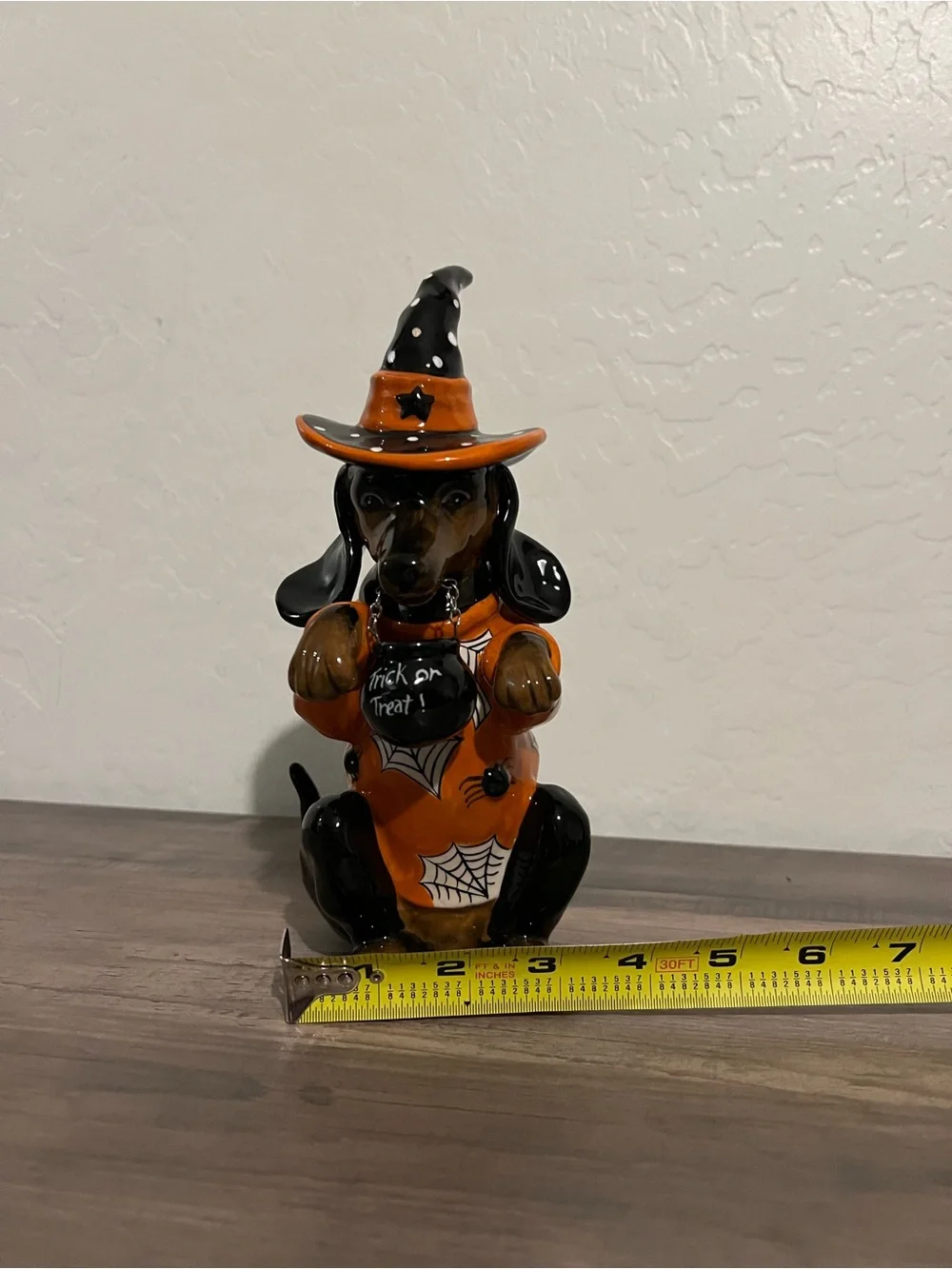Blue Sky Halloween Witch Dachshund Figurine in Orange and Black Witch Costume